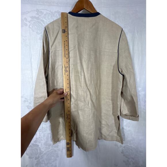 Natural Ecology Symbols Linen Blazer XL Tan Navy Blue Trm Lagenlook Rehli Tracht - Picture 16 of 16
